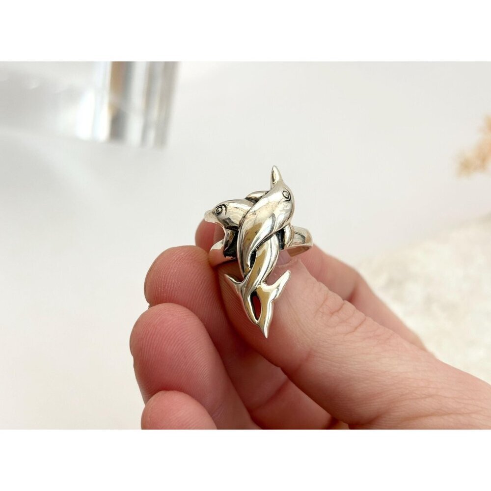 Interlocking Twin Dolphin Figural 925 Sterling Si… - image 6